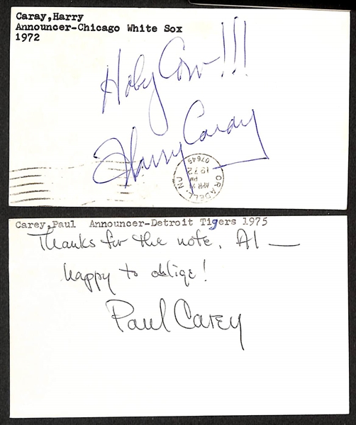 Lot of (6) Signed Baseball Announcer Index Cards- Harry Caray, Paul Carey, Skip Caray, Art Popham, Herb Carneal, Bob Chandler - (Beckett BAS Reviewed)